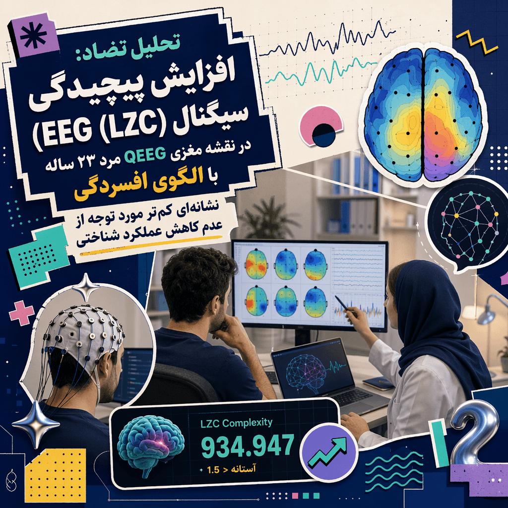 تحلیل تضاد: افزایش پیچیدگی سیگنال EEG (LZC) در نقشه مغزی QEEG مرد ۲۳ ساله با الگوی افسردگی — نشانهای کمتر مورد توجه از عدم کاهش عملکرد شناختی